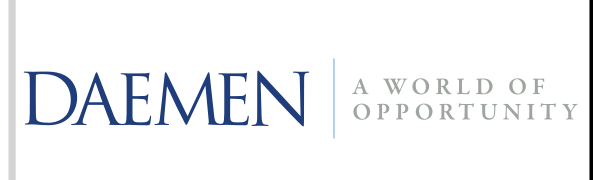 Daemen wordmark with tagline, horizontal, blue/gray variant, cell 22
