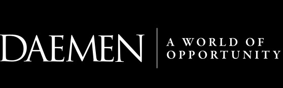 Daemen wordmark with tagline, horizontal, white on black variant, cell 23
