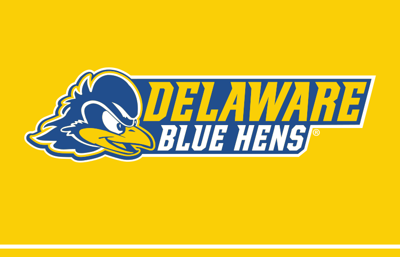 mascot head with Delaware Blue Hens wordmark, horizontal lockup, full color on yellow variant, cell 24