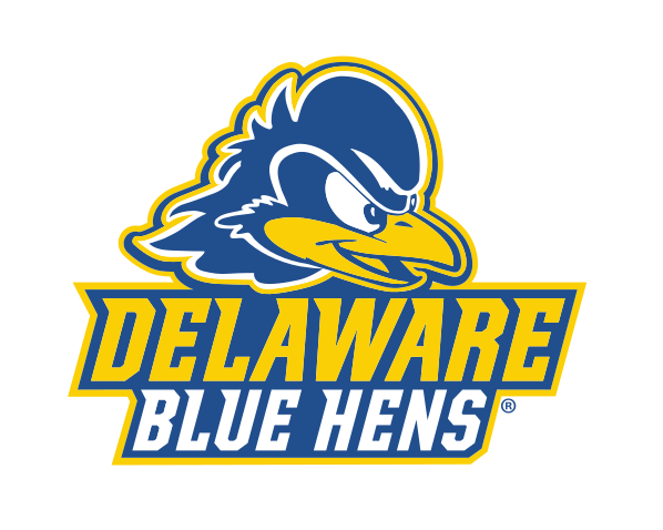 mascot head with Delaware Blue Hens wordmark, stacked lockup, full color on white variant, cell 27