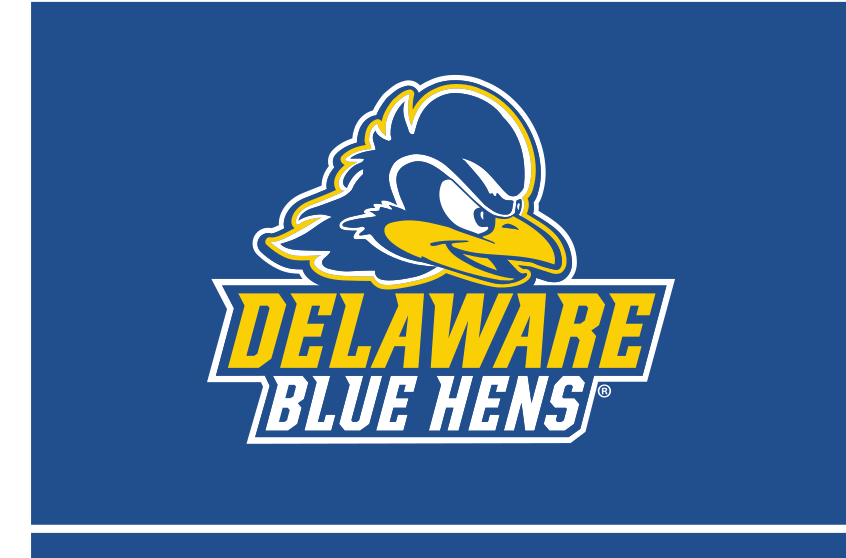 mascot head with Delaware Blue Hens wordmark, stacked lockup, full color on navy variant, cell 28