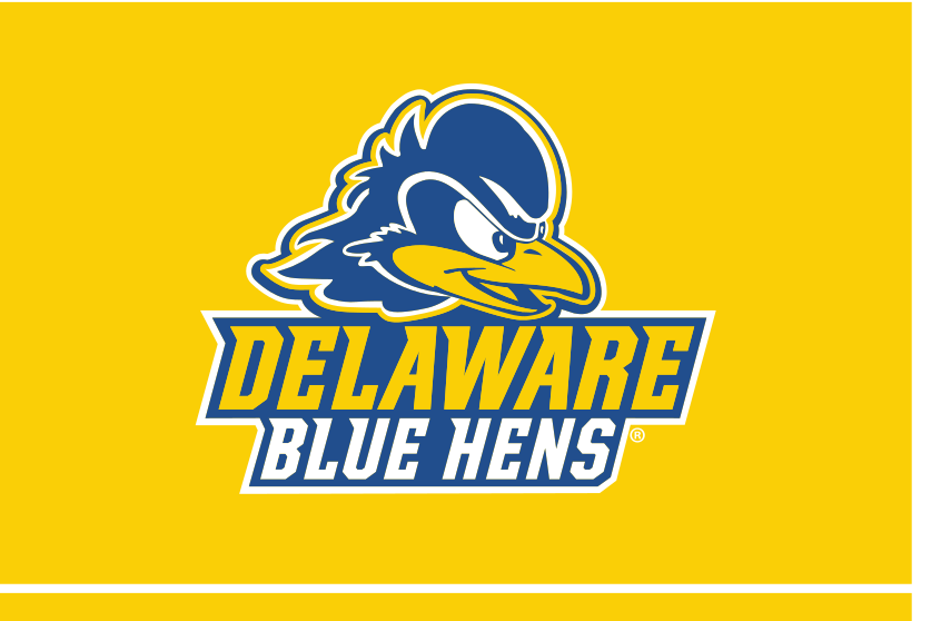 mascot head with Delaware Blue Hens wordmark, stacked lockup, full color on yellow variant, cell 29