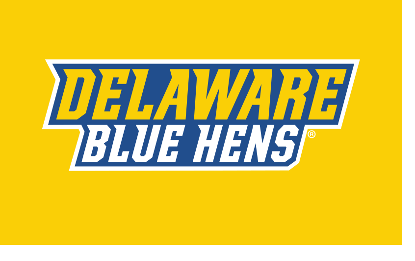 Delaware Blue Hens wordmark, full color on yellow variant, cell 39