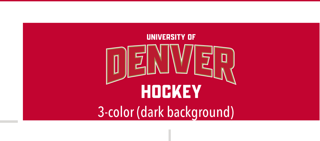University of Denver Hockey wordmark, 3-color crimson background variant, cell 12