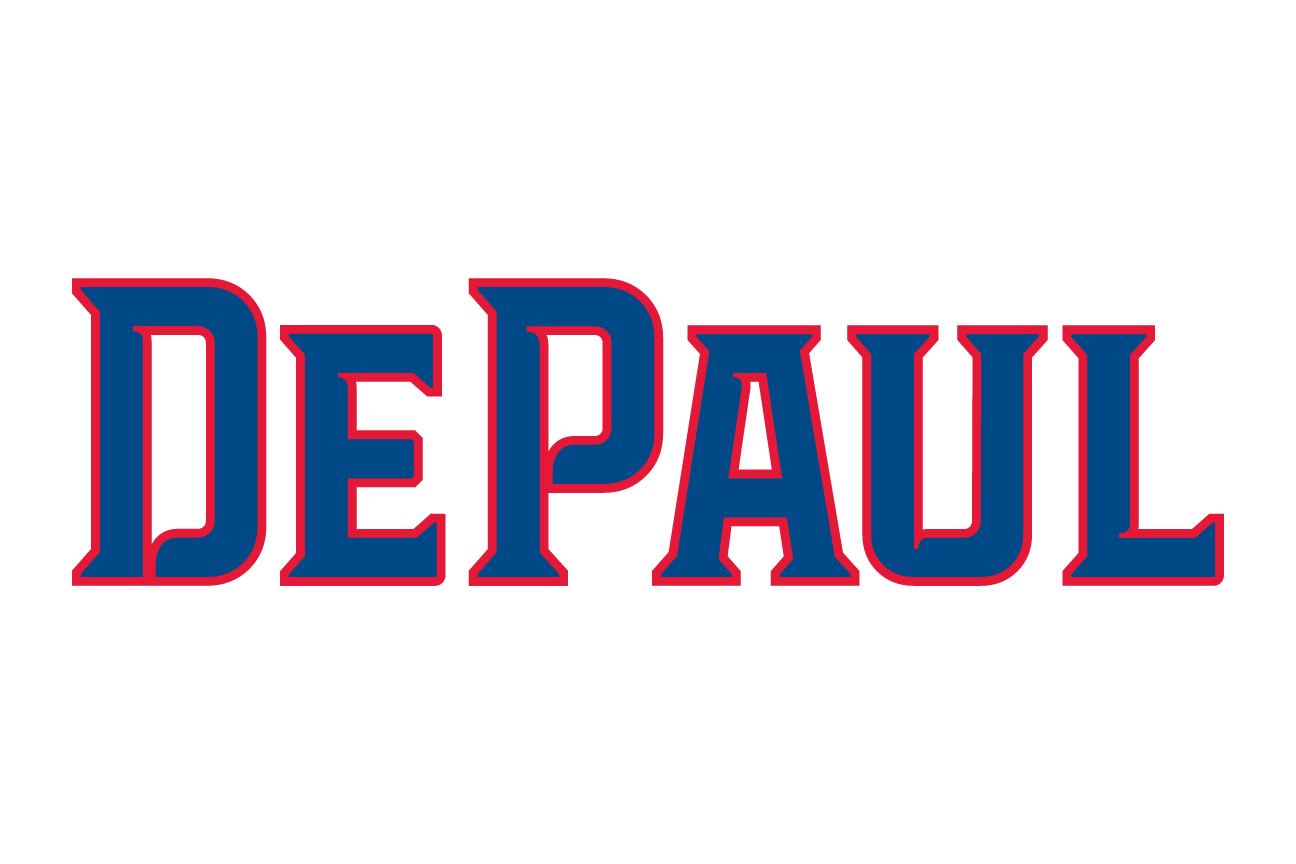 DePaul, blue wordmark with red outline variant, cell 16