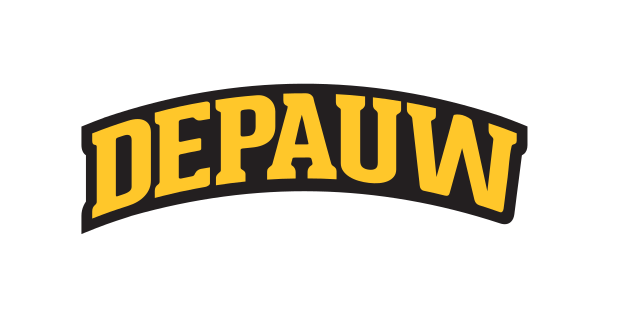 DePauw wordmark, yellow with black outline on white variant, cell 23