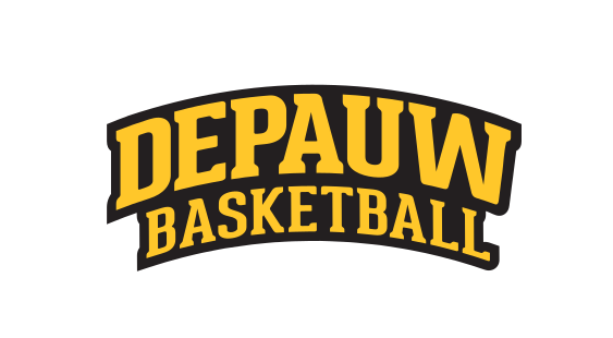 DePauw Basketball wordmark, yellow with black outline on white variant, cell 28