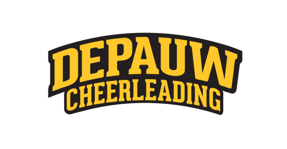 DePauw Cheerleading wordmark, yellow with black outline on white variant, cell 30