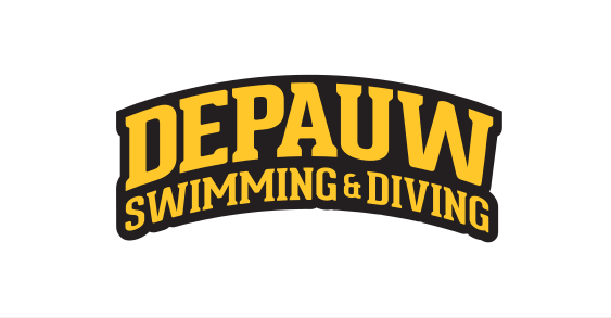 DePauw Swimming & Diving wordmark, yellow with black outline on white variant, cell 46
