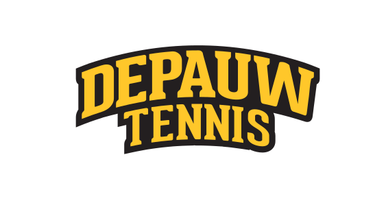 DePauw Tennis wordmark, yellow with black outline on white variant, cell 48