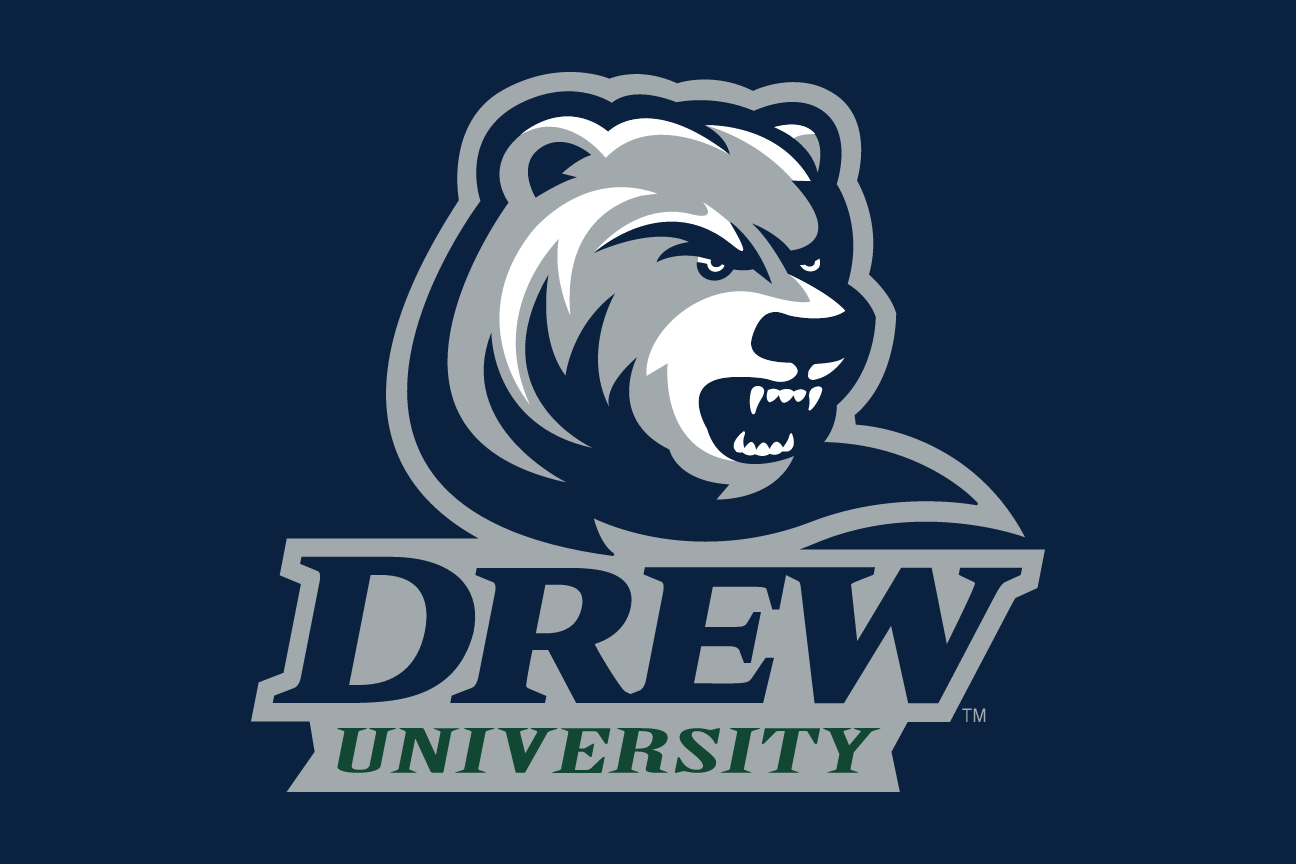 Ranger Bear with Drew University wordmark, color, on dark blue variant, cell 18