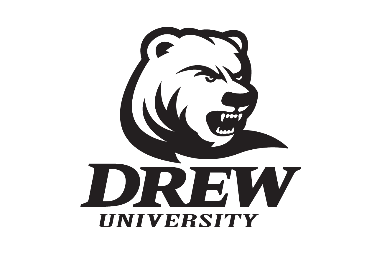 bear head with Drew University wordmark, reverse color variant, cell 20