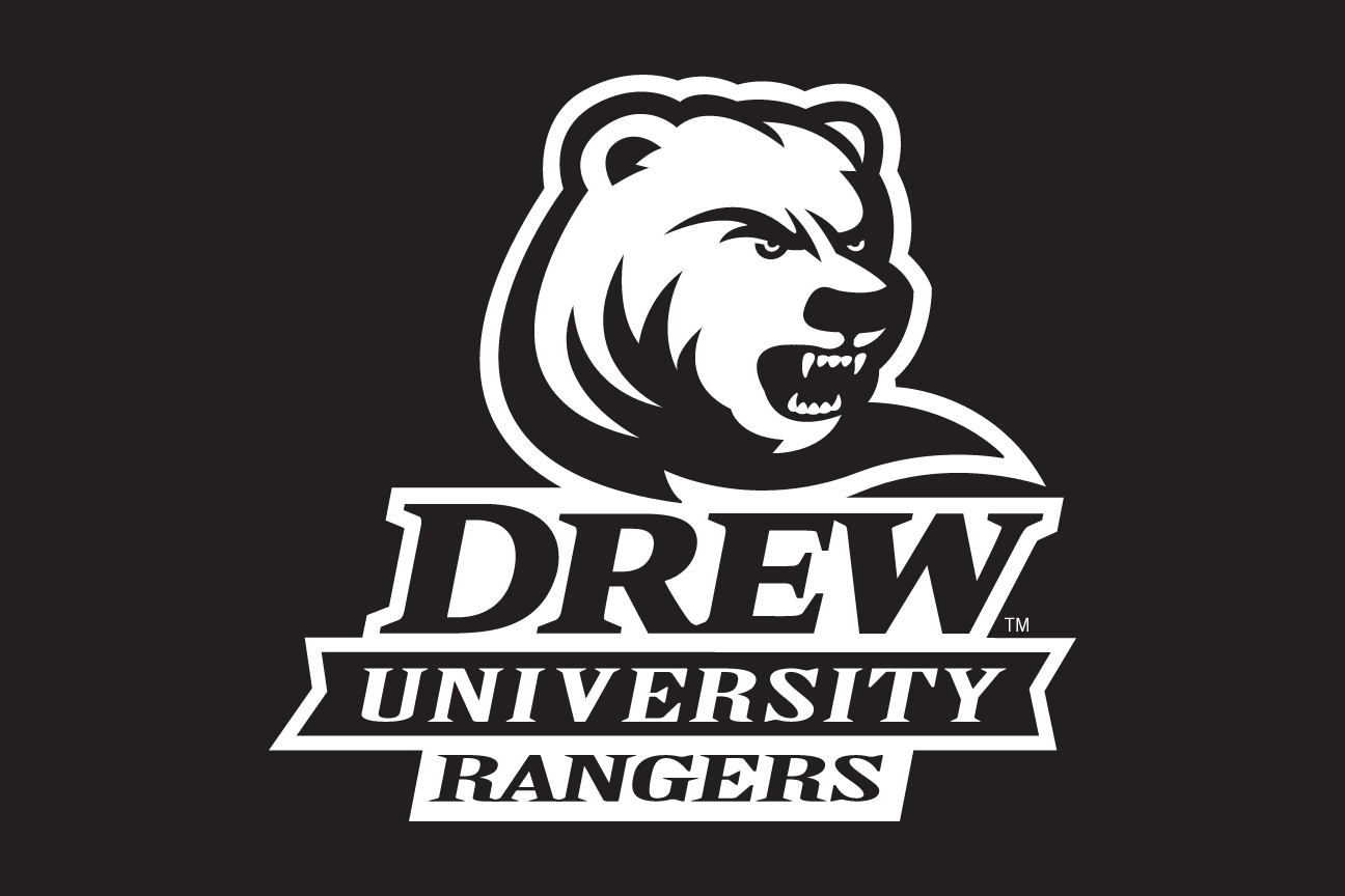 bear head with Drew University Rangers wordmark, reverse black and white variant, cell 24