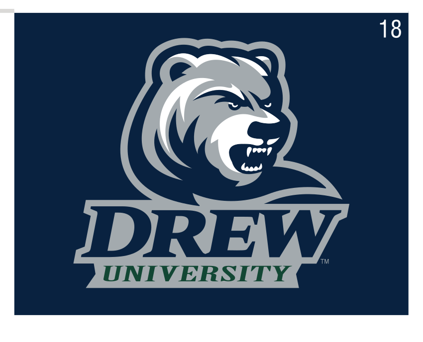 Ranger Bear with Drew University wordmark, color, on dark blue variant, cell 18