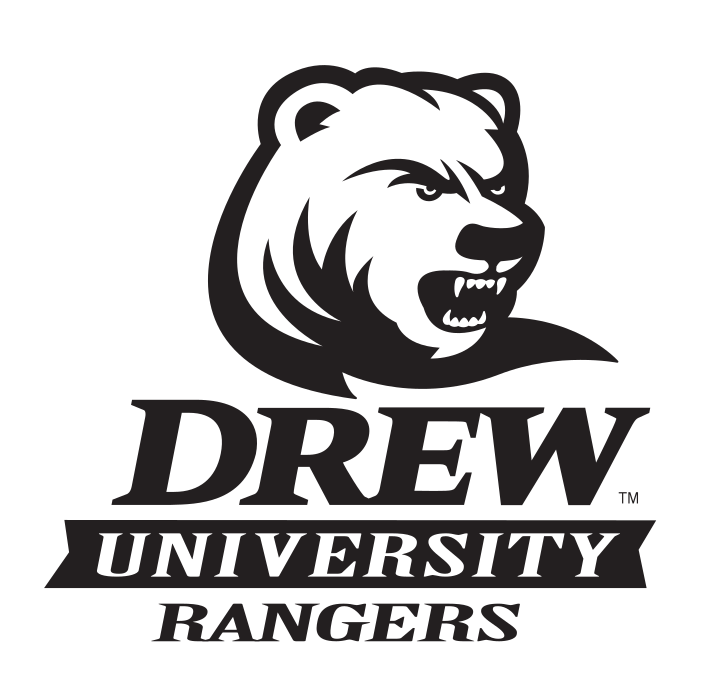 bear head with Drew University Rangers wordmark, black and white variant, cell 23