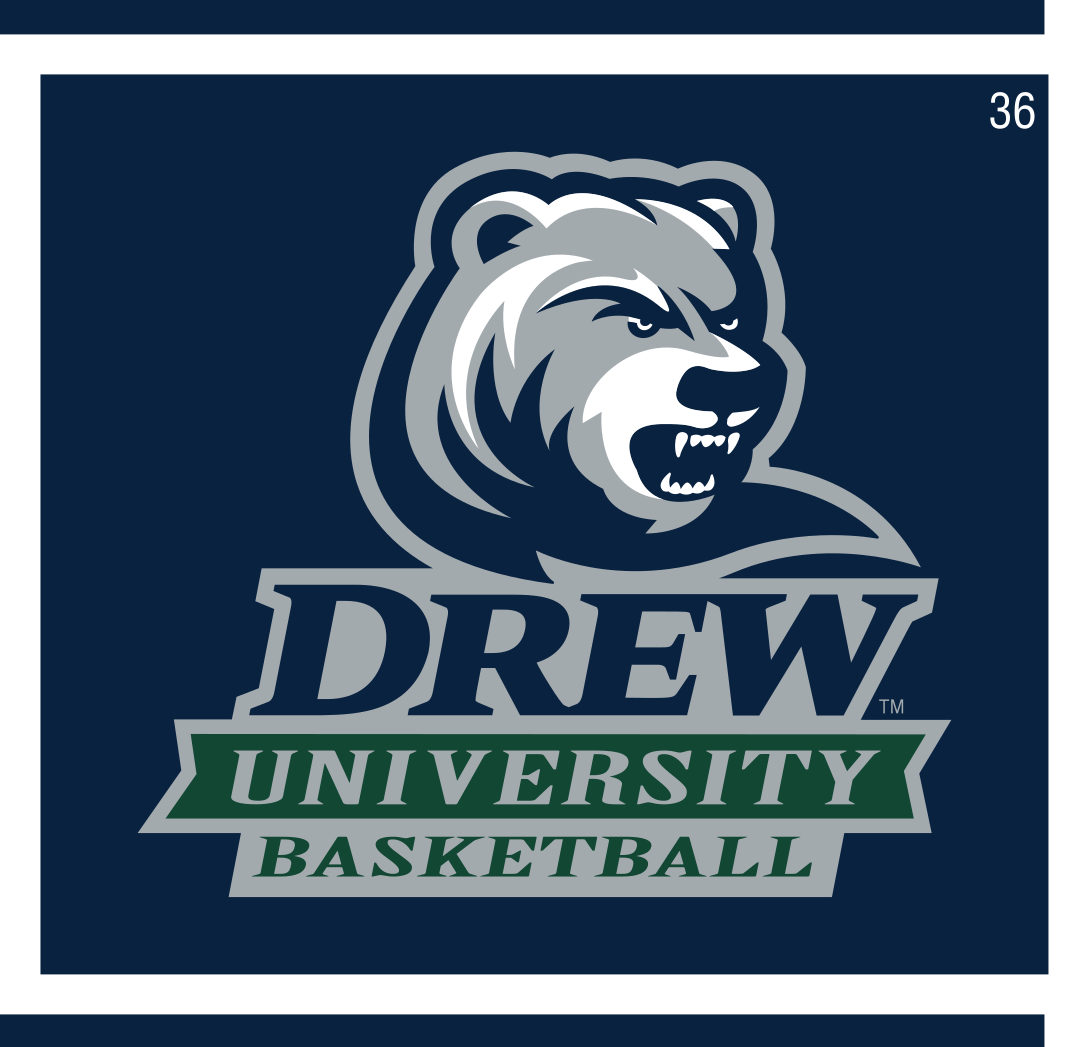 Drew University Basketball logo, color on navy variant, cell 36