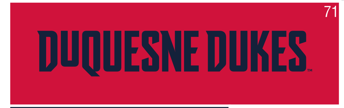 DUQUESNE DUKES wordmark, horizontal, navy/navy on red variant, cell 71