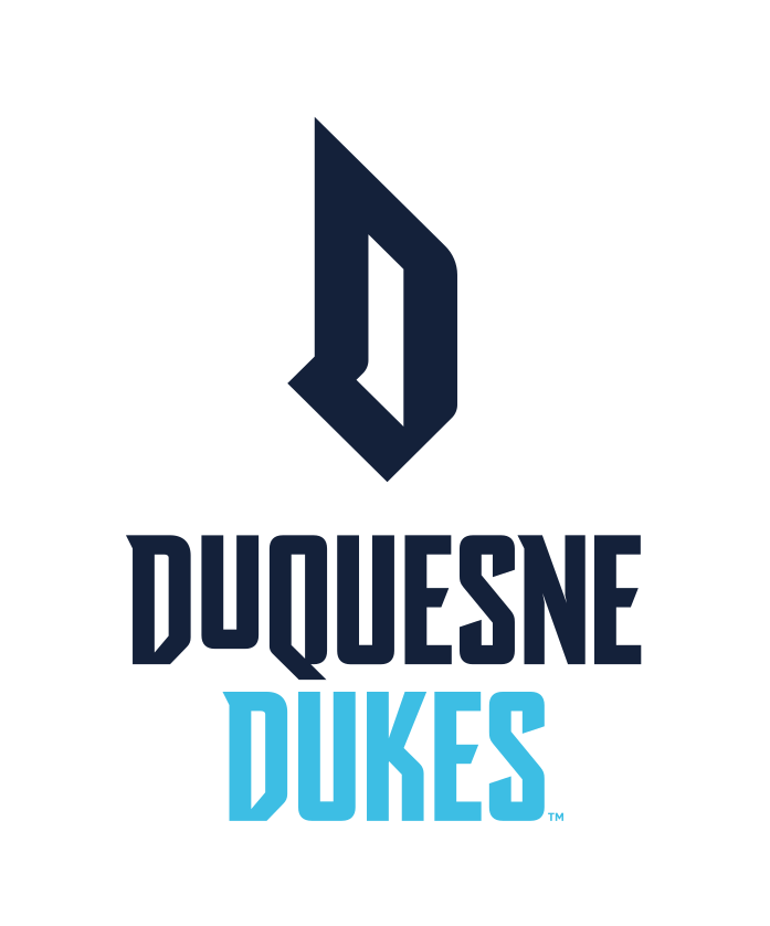 D icon with DUQUESNE DUKES wordmark, vertical, electric blue variant, cell 91