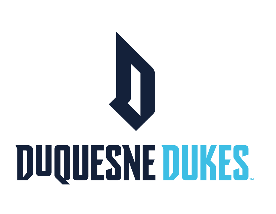 D icon with DUQUESNE DUKES wordmark, horizontal, electric blue variant, cell 92