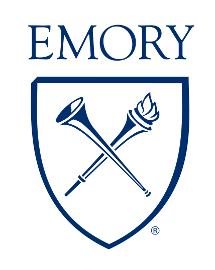 Emory shield with wordmark, blue, wordmark above shield variant, cell 1