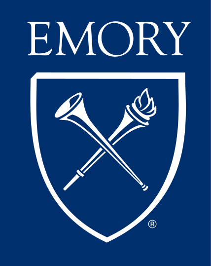 Emory shield with wordmark, white on blue, wordmark above shield variant, cell 2