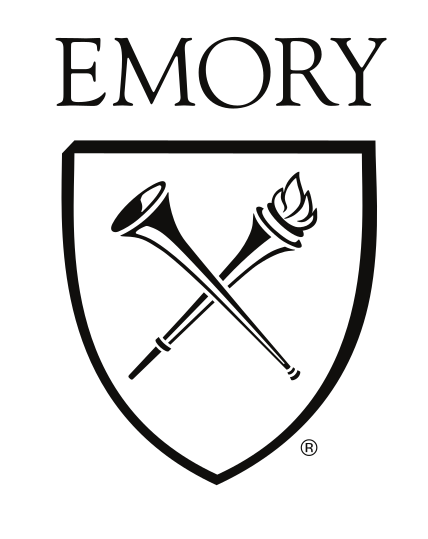 Emory shield with wordmark, black, wordmark above shield variant, cell 3