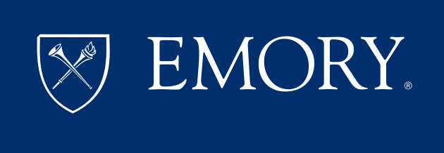 Emory shield with wordmark, white on blue, horizontal variant, cell 5