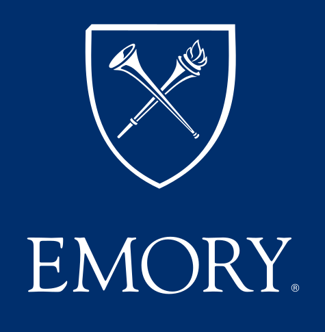 Emory shield with wordmark, white on blue, shield above wordmark variant, cell 11