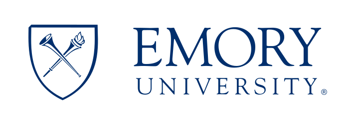 Emory shield with Emory University wordmark, blue, horizontal variant, cell 7