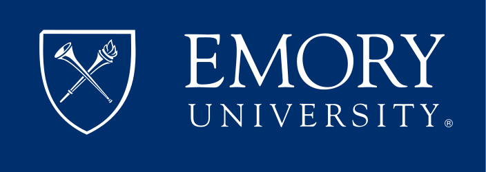 Emory shield with Emory University wordmark, white on blue, horizontal variant, cell 8