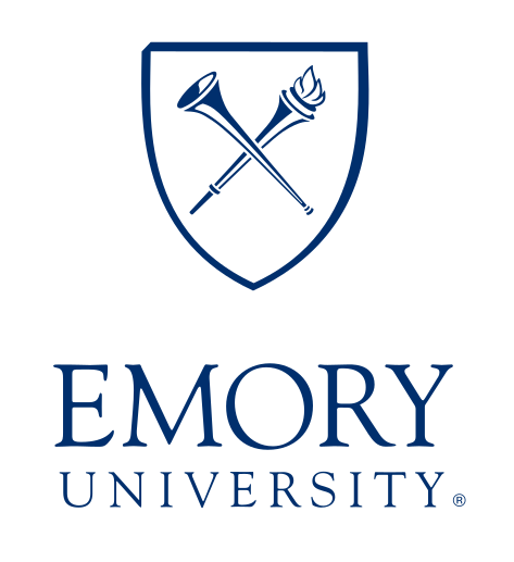 Emory shield with Emory University wordmark, blue, vertical variant, cell 13