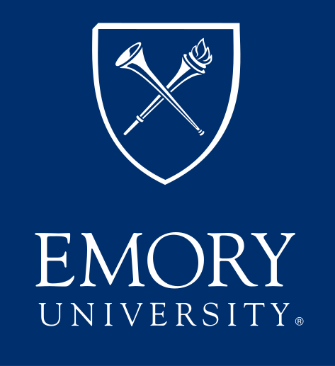 Emory shield with Emory University wordmark, white on blue, vertical variant, cell 14