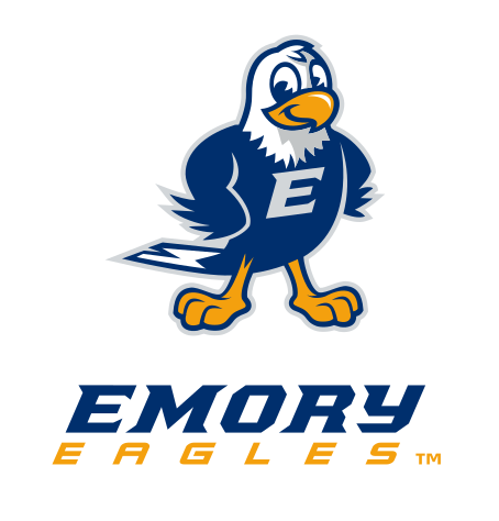 Swoop mascot with Emory Eagles wordmark, full color, facing forward variant, cell 86