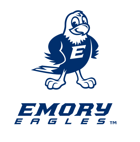 Swoop mascot with Emory Eagles wordmark, navy, facing forward variant, cell 87