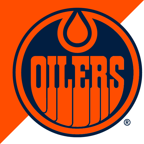 Edmonton Oilers secondary logo, print version with R on orange/white split background variant