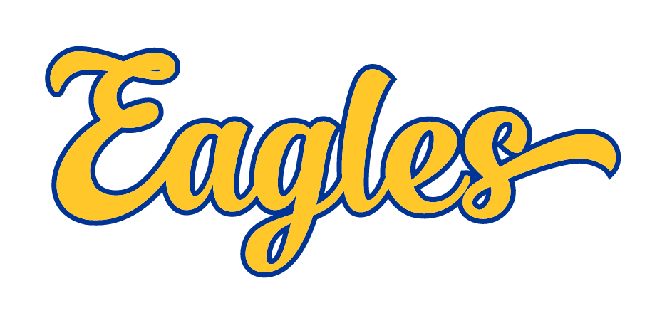 Eagles wordmark, gold with blue and white outline variant, cell 38