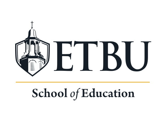 ETBU School of Education logo, stacked, black variant, cell 161