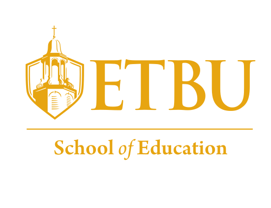 ETBU School of Education logo, stacked, gold variant, cell 163