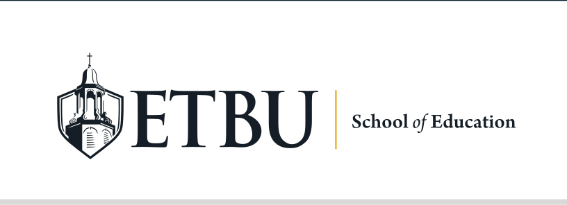 ETBU School of Education logo, horizontal, black variant, cell 165
