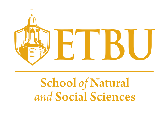 ETBU School of Natural and Social Sciences logo, stacked, gold variant, cell 171