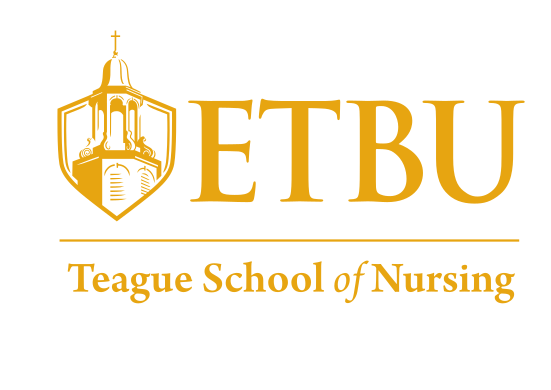 ETBU Teague School of Nursing logo, stacked, gold variant, cell 179