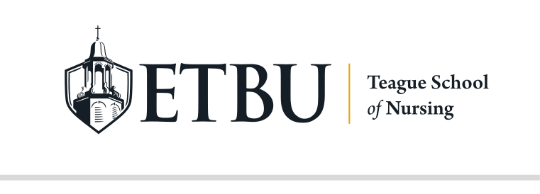 ETBU Teague School of Nursing logo, horizontal, black variant, cell 181