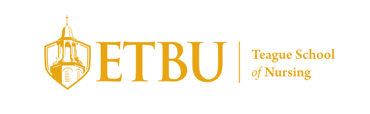 ETBU Teague School of Nursing logo, horizontal, gold variant, cell 183