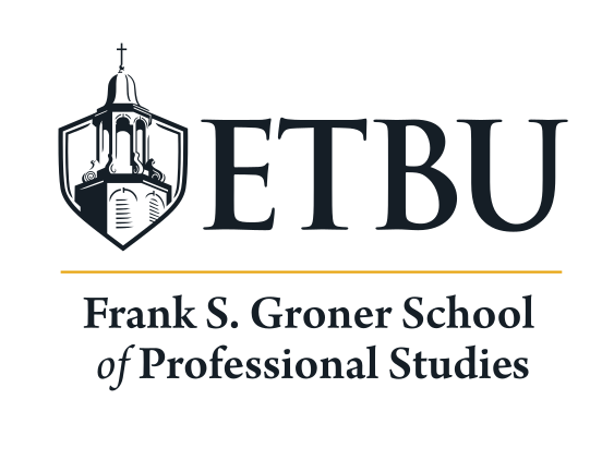 ETBU Frank S. Groner School of Professional Studies logo, stacked, black variant, cell 185
