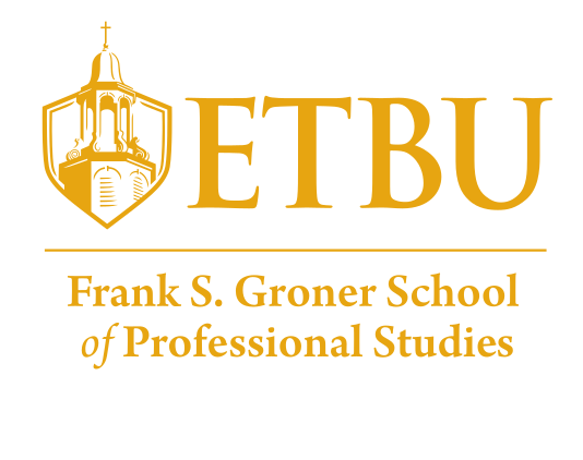 ETBU Frank S. Groner School of Professional Studies logo, stacked, gold variant, cell 187