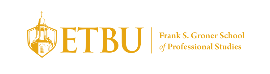 ETBU Frank S. Groner School of Professional Studies logo, horizontal, gold variant, cell 191