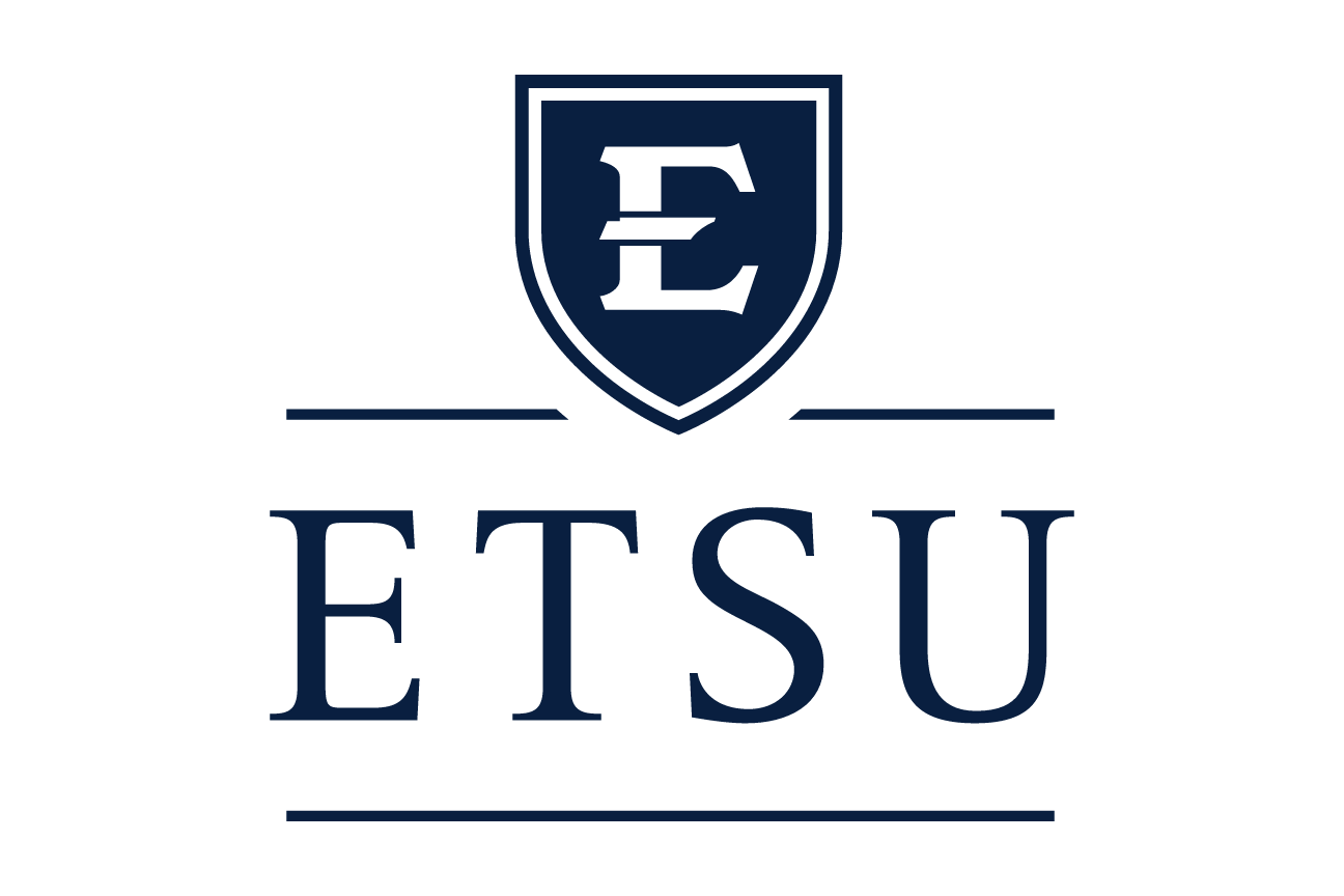 lettermark shield with ETSU wordmark, navy on white variant, cell 8