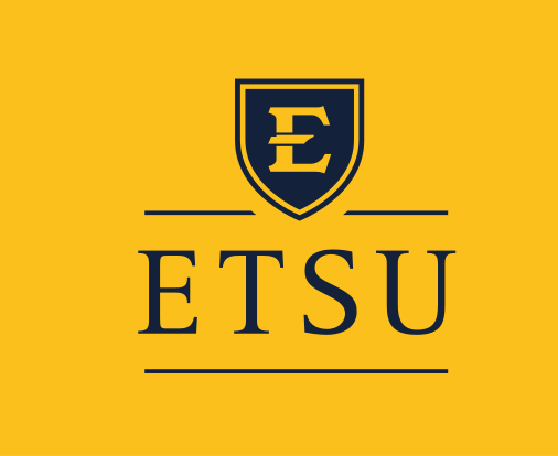 lettermark shield with ETSU wordmark, navy on gold variant, cell 7
