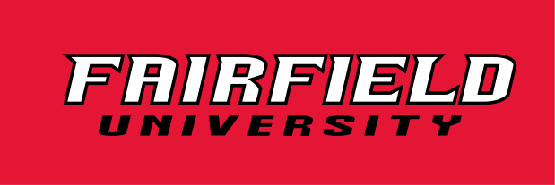 Fairfield University wordmark, white/black on red variant, cell 15