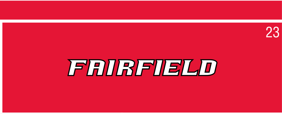 Fairfield wordmark, white with black outline on red variant, cell 23